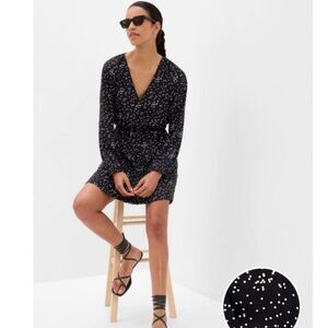 GAP Wrap Mini Dress Size Large Black White Confetti Dot Satin New